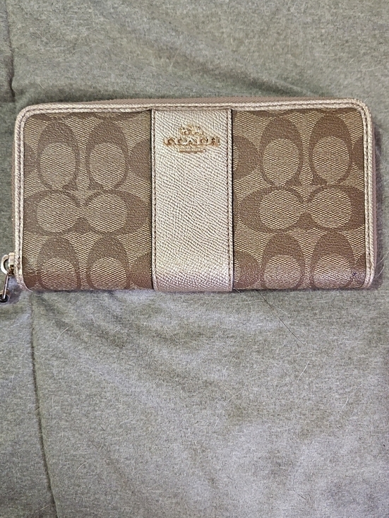Coach Handbags - Coach Signature Zip Wallet in Metallic Champagne and Brown Canvas